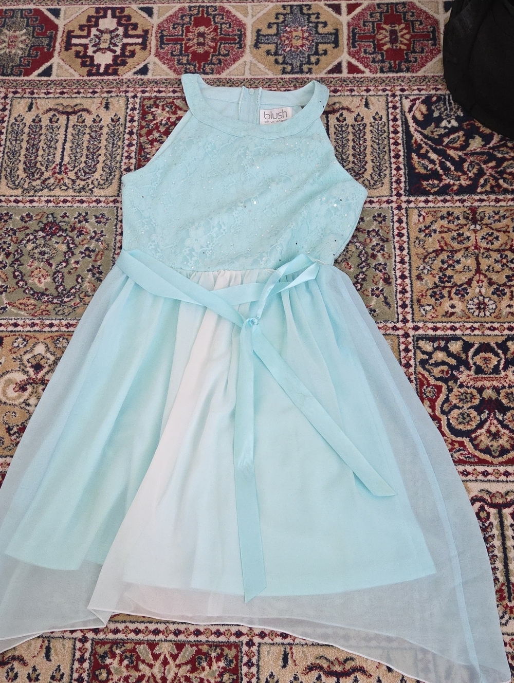 Blush Girls' Aqua Lace Halter Skater Dress with Sash